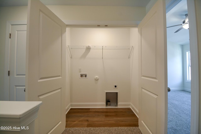 laundry area featuring gas dryer hookup, dark carpet, electric dryer hookup, ceiling fan, and washer hookup