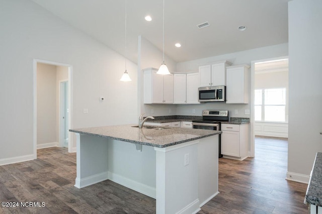 kitchen with white cabinets, appliances with stainless steel finishes, dark wood-style flooring, pendant lighting, and a sink