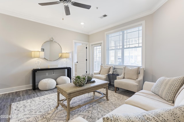 living room with crown molding, ceiling fan, and hardwood / wood-style floors