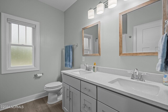 bathroom with double vanity, toilet, hardwood / wood-style floors, and plenty of natural light