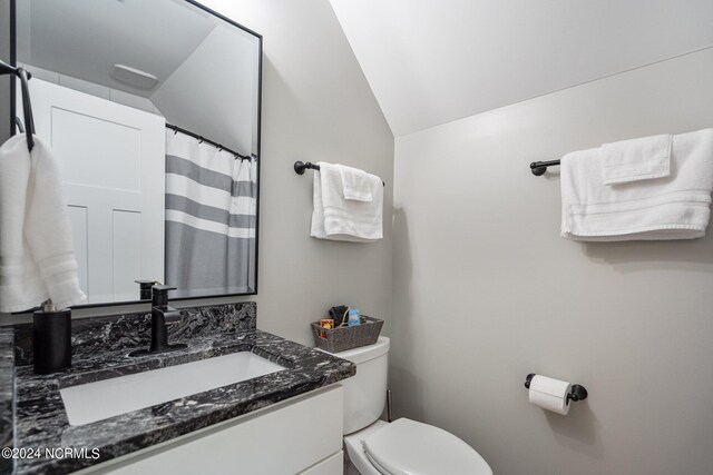 bathroom with vanity, lofted ceiling, and toilet