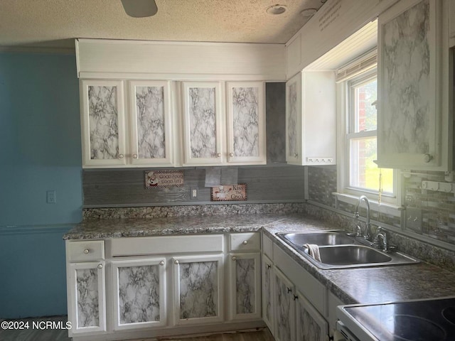 kitchen with sink, decorative backsplash, a textured ceiling, and stove