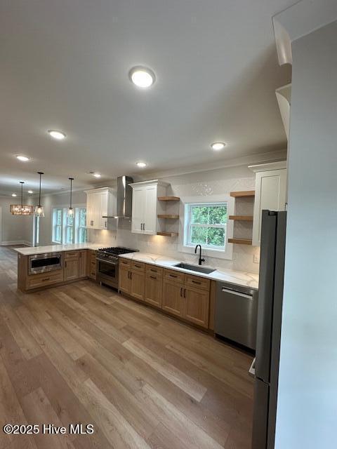 115 Seagate Pl, Wilmington, NC 28403 - kitchen with open shelves, appliances with stainless steel finishes, wall chimney exhaust hood, a sink, and light wood finished floors