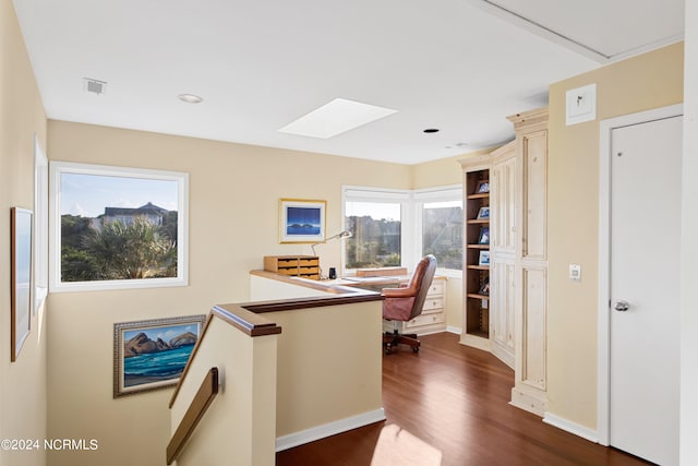 office featuring a skylight and dark hardwood / wood-style flooring