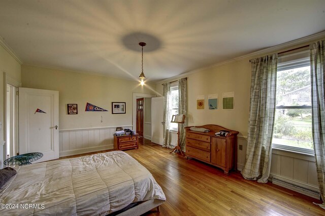 264 Main St, Swanquarter, NC 27885 - bedroom featuring a baseboard heating unit, light wood finished floors, multiple windows, and a wainscoted wall