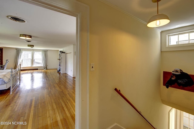 hallway featuring hardwood / wood-style floors and ornamental molding