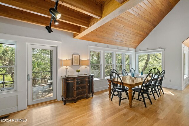 dining space with wood ceiling, lofted ceiling with beams, and light wood-type flooring