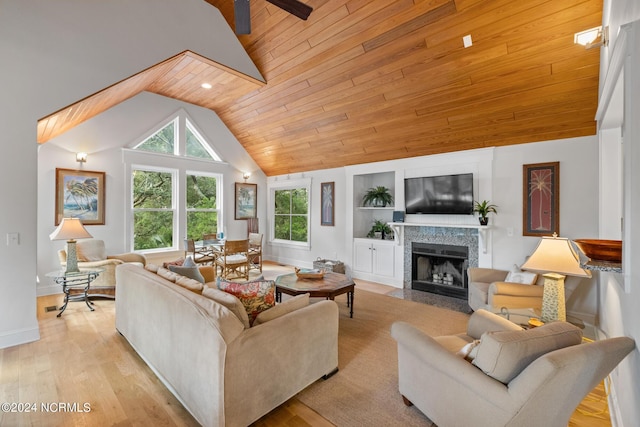 living room featuring lofted ceiling, wooden ceiling, light hardwood / wood-style floors, and built in shelves