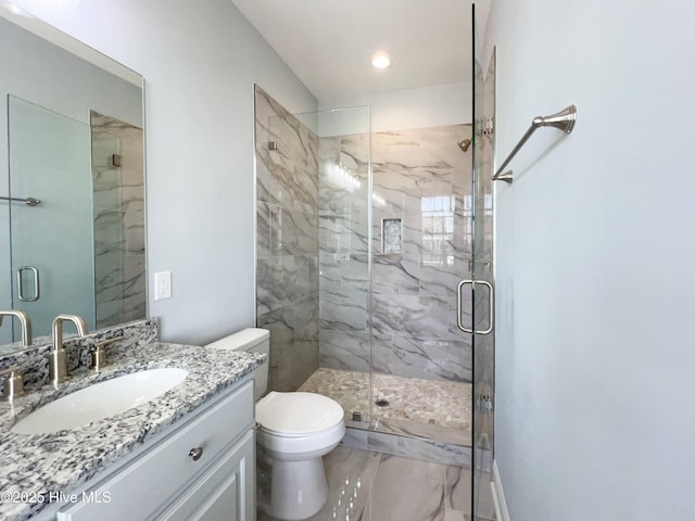 244 Grandview Dr, Sneads Ferry, NC 28460 - full bathroom with recessed lighting, vanity, toilet, a marble finish shower, and marble finish floor