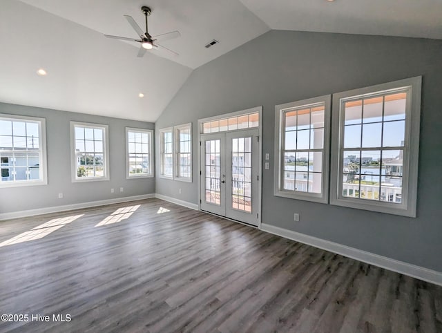 244 Grandview Dr, Sneads Ferry, NC 28460 - unfurnished living room featuring dark wood-type flooring, french doors, ceiling fan, and baseboards