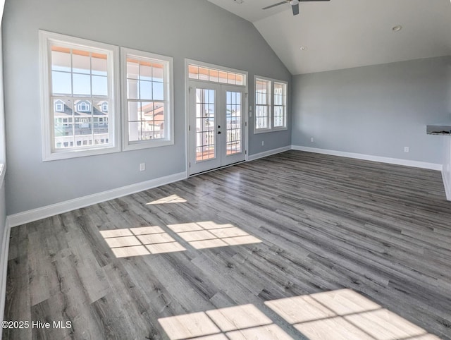 244 Grandview Dr, Sneads Ferry, NC 28460 - unfurnished living room with ceiling fan, wood finished floors, french doors, and baseboards