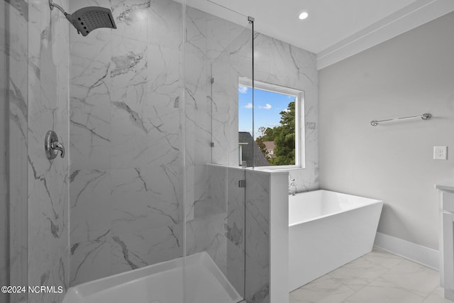 bathroom with independent shower and bath and tile patterned flooring