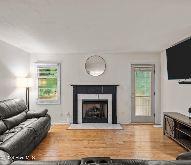 living room featuring a premium fireplace, a wealth of natural light, and light hardwood / wood-style floors