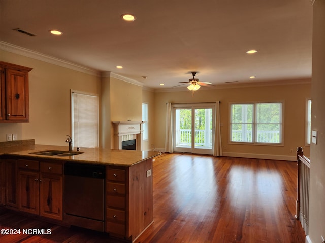 kitchen with a tiled fireplace, stainless steel dishwasher, ornamental molding, dark hardwood / wood-style floors, and sink