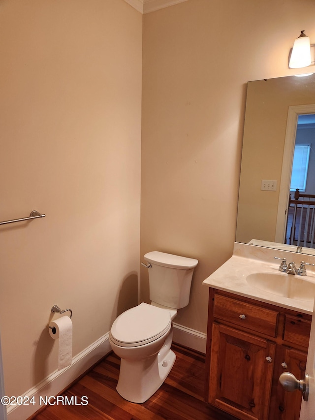 bathroom with wood-type flooring, vanity, and toilet