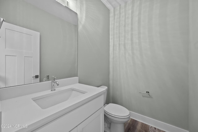 bathroom with vanity, toilet, and wood-type flooring