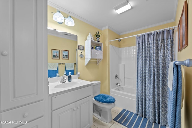 bathroom featuring tile patterned flooring, toilet, vanity, ornamental molding, and shower / bath combo with shower curtain