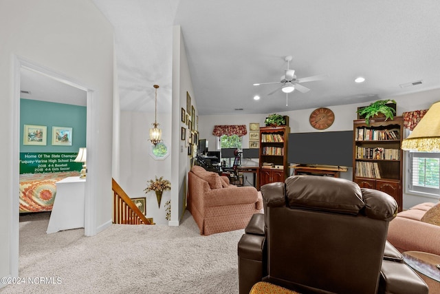 living room featuring carpet, visible vents, ceiling fan, and recessed lighting