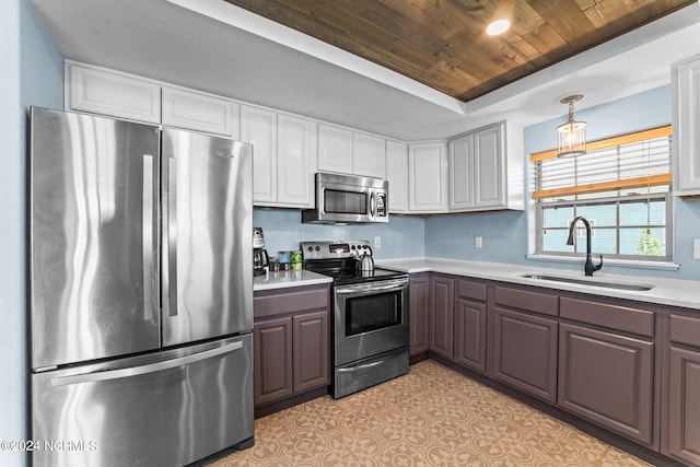 kitchen featuring light tile patterned floors, stainless steel appliances, wooden ceiling, dark brown cabinetry, and sink