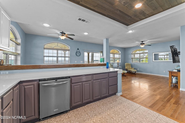 kitchen with ceiling fan, light hardwood / wood-style floors, plenty of natural light, and stainless steel dishwasher