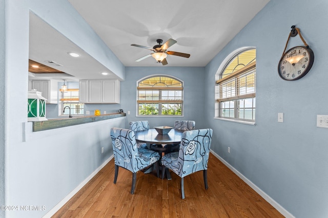 dining space with sink, hardwood / wood-style flooring, and ceiling fan