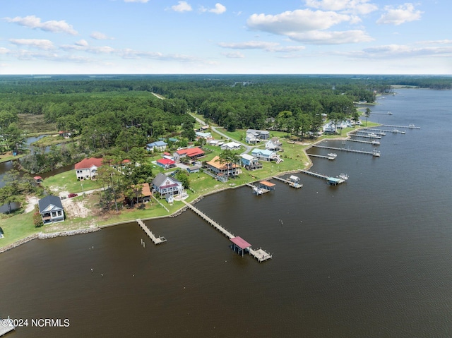 drone / aerial view featuring a forest view and a water view