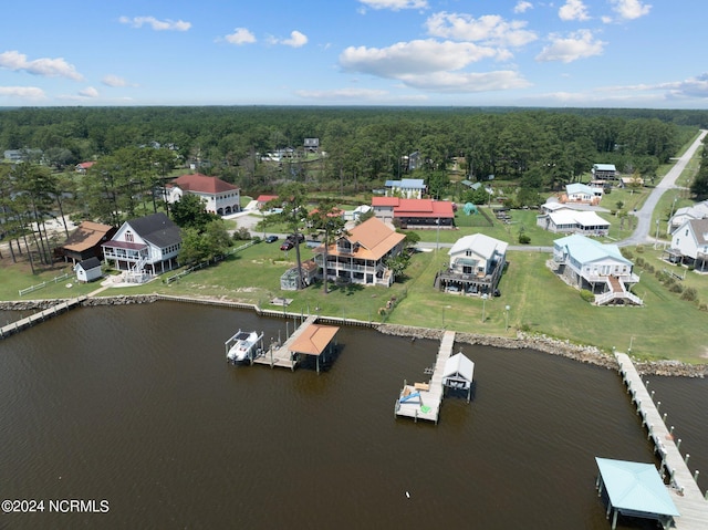 bird's eye view featuring a water view and a wooded view