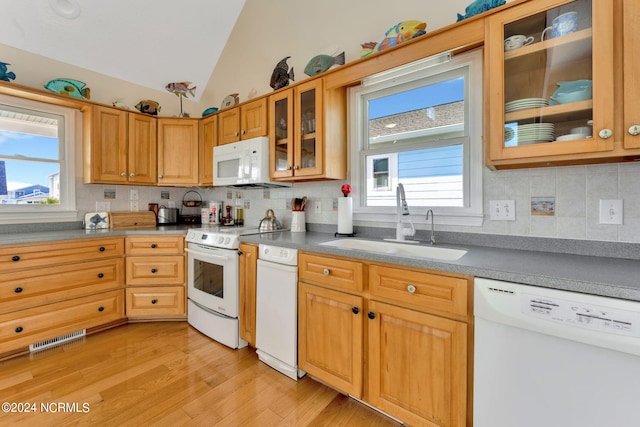 kitchen featuring sink, a healthy amount of sunlight, white appliances, and light hardwood / wood-style floors