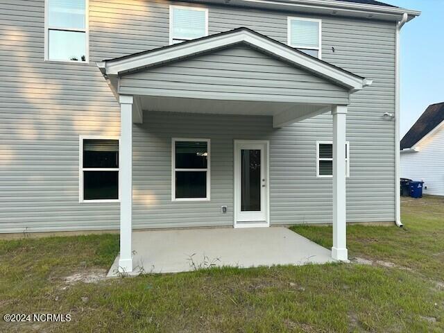 back of property with a patio area and a yard