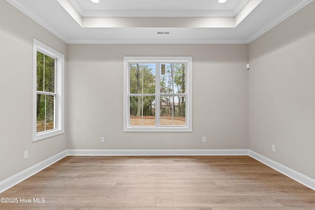 unfurnished room featuring a raised ceiling, light wood-style flooring, and baseboards