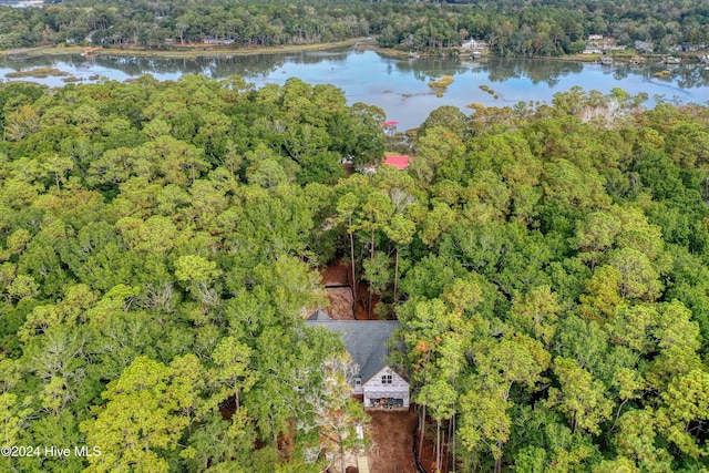 birds eye view of property with a water view and a view of trees