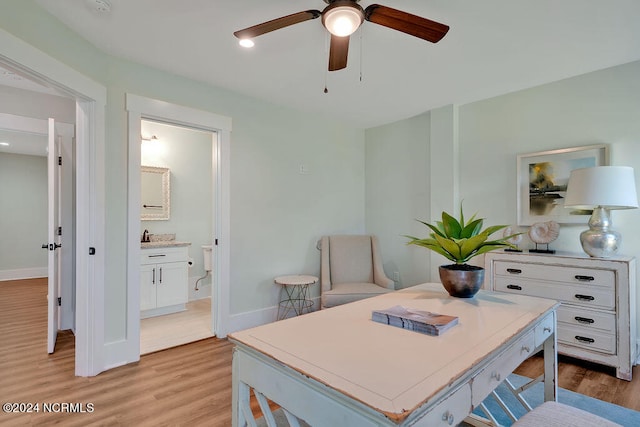 office area featuring ceiling fan and light hardwood / wood-style flooring