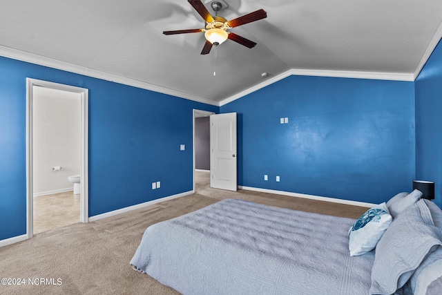 carpeted bedroom featuring crown molding, ceiling fan, and lofted ceiling