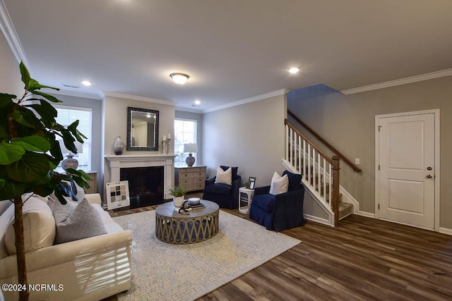 living room with crown molding and dark wood-type flooring