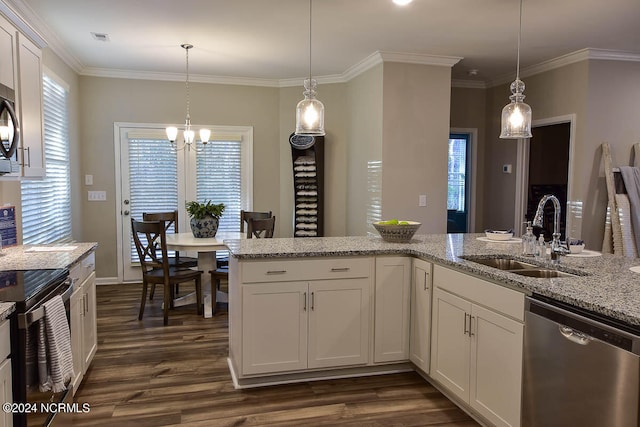 kitchen with light stone counters, sink, hanging light fixtures, stainless steel appliances, and dark hardwood / wood-style flooring