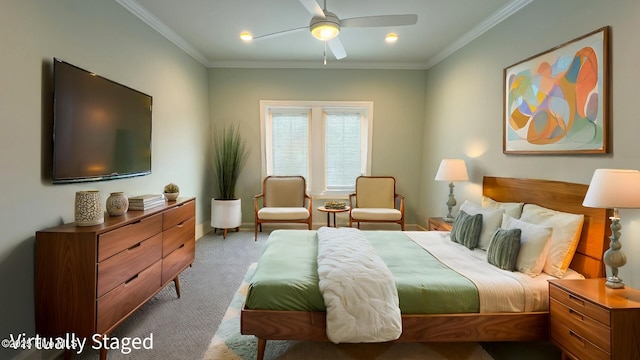 bedroom featuring crown molding, baseboards, ceiling fan, carpet flooring, and recessed lighting