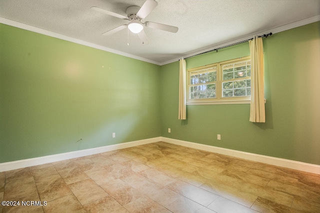 tiled empty room featuring ceiling fan, crown molding, and a textured ceiling