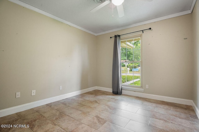 empty room with ceiling fan, ornamental molding, and light tile patterned floors