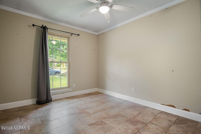 tiled empty room with crown molding, ceiling fan, and a healthy amount of sunlight