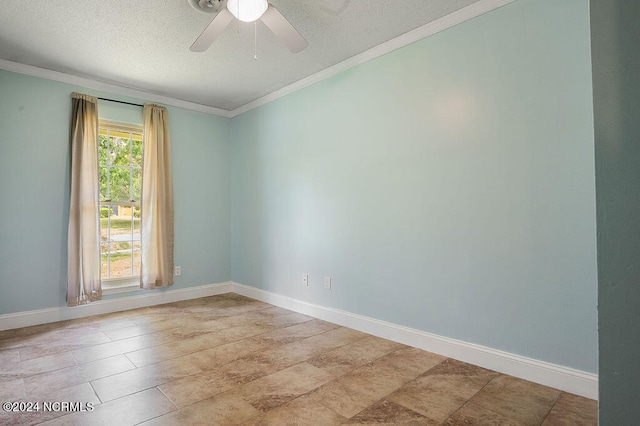 unfurnished room with ornamental molding, tile patterned floors, a textured ceiling, and ceiling fan