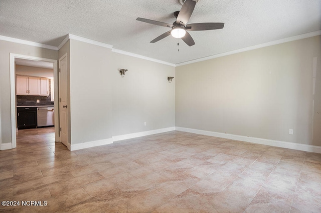 spare room featuring light tile patterned flooring, ceiling fan, and crown molding