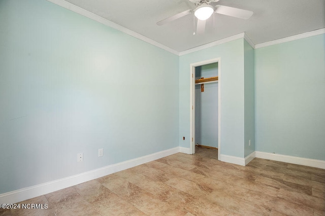 unfurnished bedroom featuring light tile patterned floors, a closet, ceiling fan, and crown molding