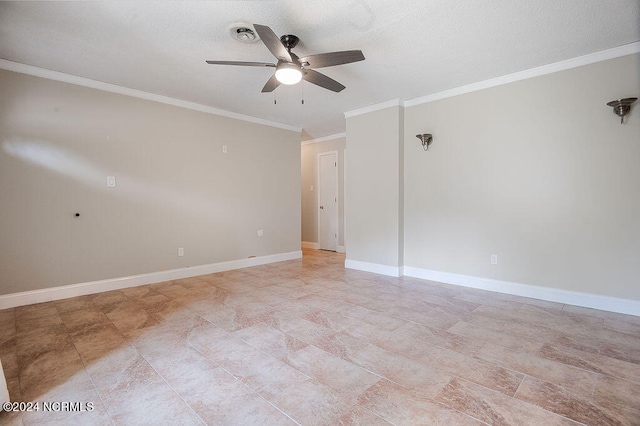 empty room with ornamental molding, light tile patterned floors, and ceiling fan