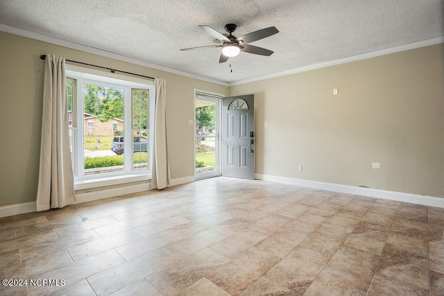 tiled empty room with a textured ceiling, crown molding, a wealth of natural light, and ceiling fan