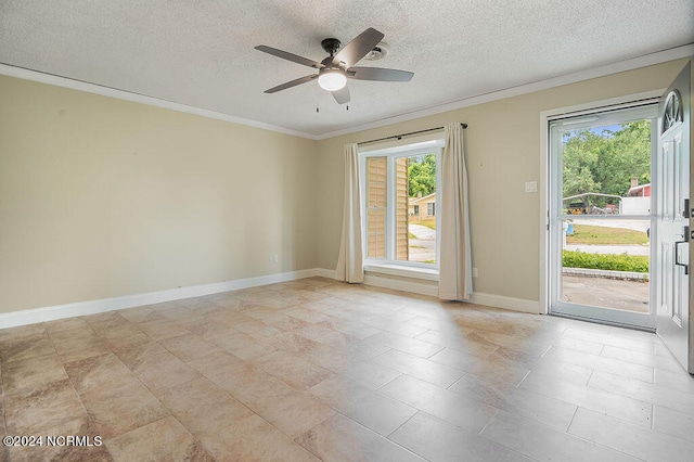 tiled empty room featuring a textured ceiling, a wealth of natural light, and ceiling fan