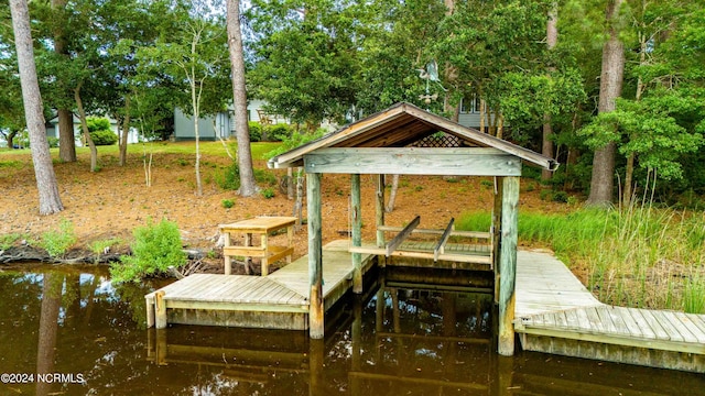 view of dock with a water view