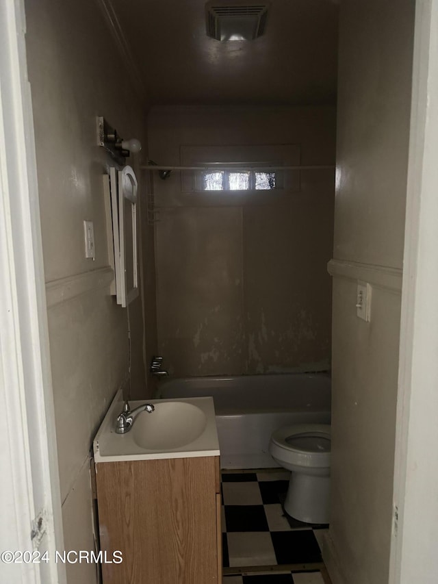 full bathroom featuring vanity, shower / bath combination, tile patterned flooring, and toilet