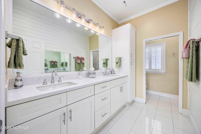 bathroom with toilet, crown molding, vanity, a bathing tub, and tile patterned flooring