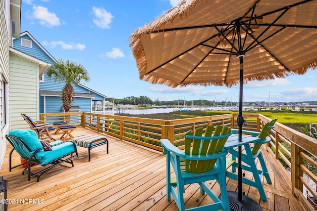 wooden terrace with a water view