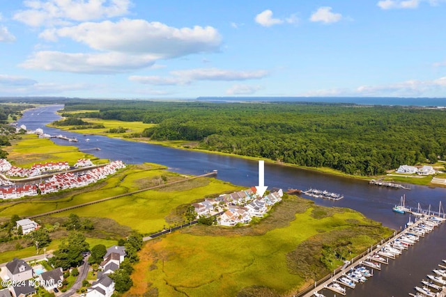 drone / aerial view with a water view